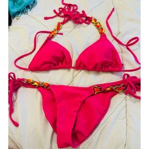 Beach Bunny Bronze‎ Pink Bikini Set Triangle Tie Gold Chain top xl bottom small